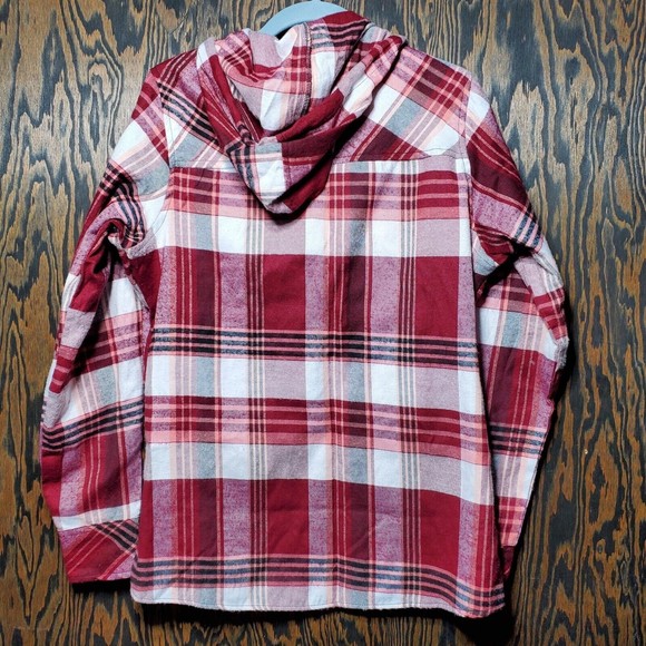 BTC Women's Button Up Hooded Shirt Size Medium Red White Plaid Flannel - Picture 2 of 6